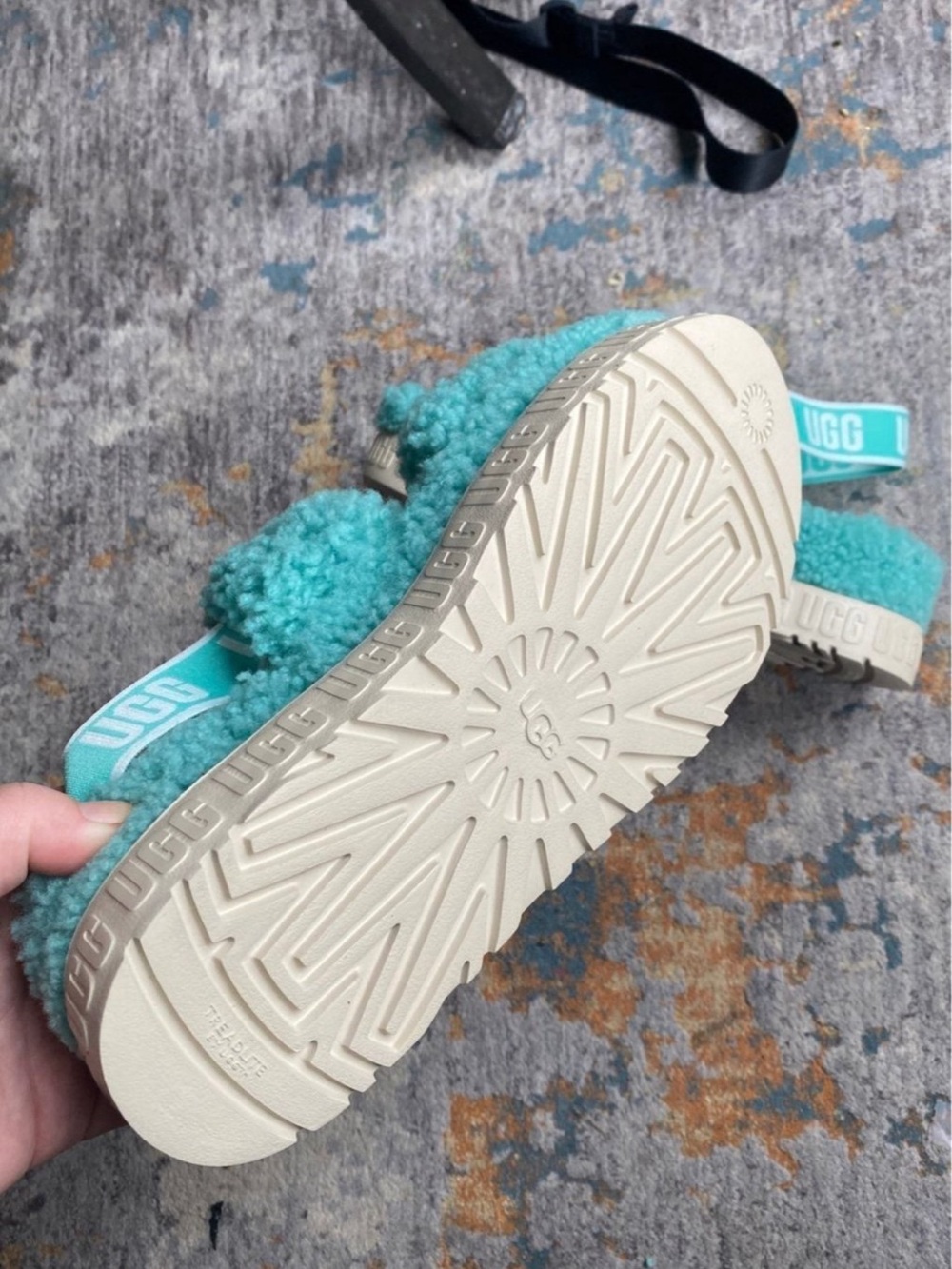 UGG Teal Faux-Shearling Double-Strap Slide Sandals with Branded Heel - Picture 3 of 3
